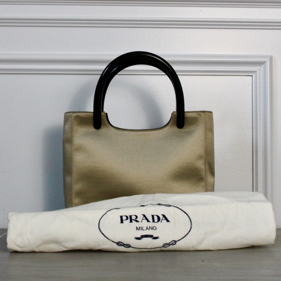 Vintage Late 1990s Prada Taupe Satin Handbag with Black Composite Handles - Picture 1 of 11